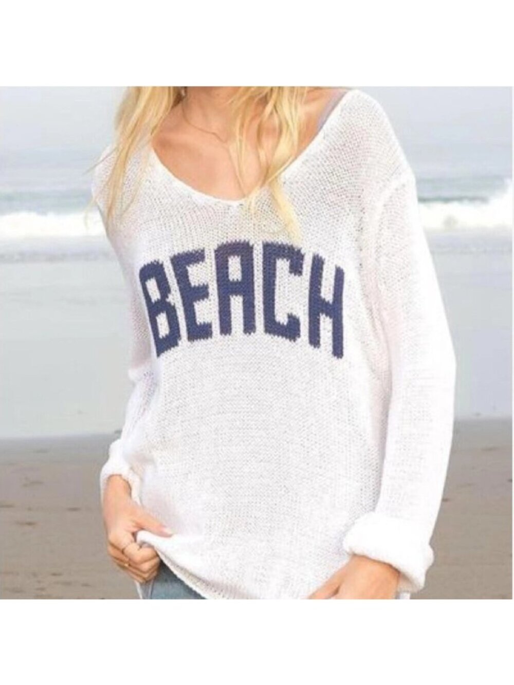 Wooden Ships BEACH V Neck Cotton Sweater, Breaker White/Navy Size M/L